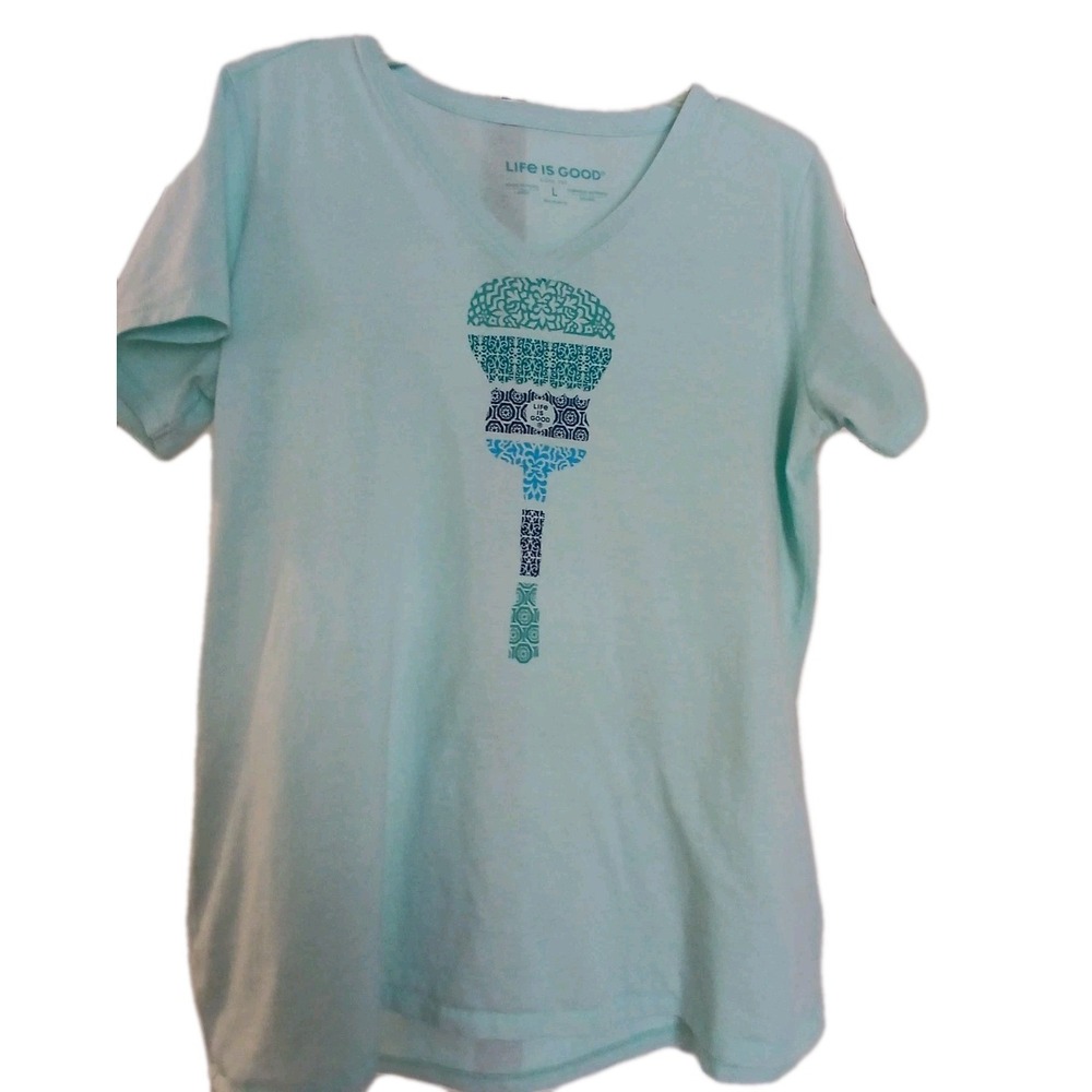 Life Is Good Women's T-Shirt Large Green Blue Guitar Print V Neck Casual Top